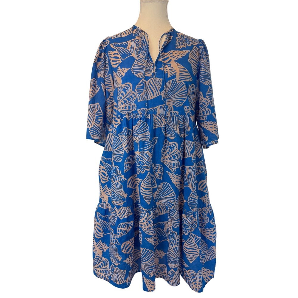 Sunshine Tienda Blue Seashell Coastal Cotton Tiered Babydoll Midi Dress Medium